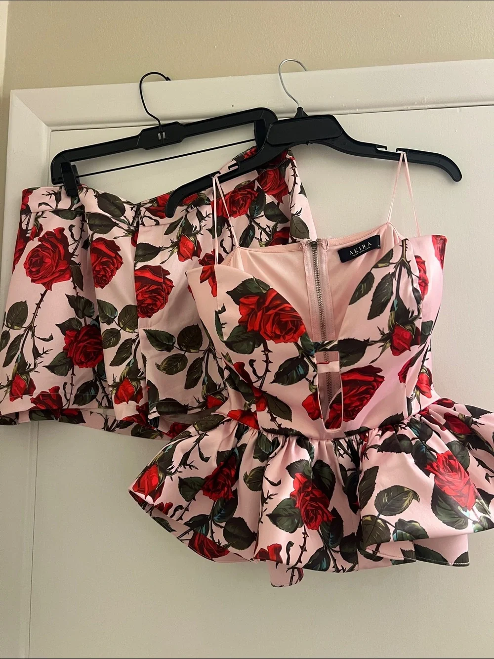 AKIRA Pink and Red Rose Print Peplum Bustier with Matching Skirt - Picture 5 of 7